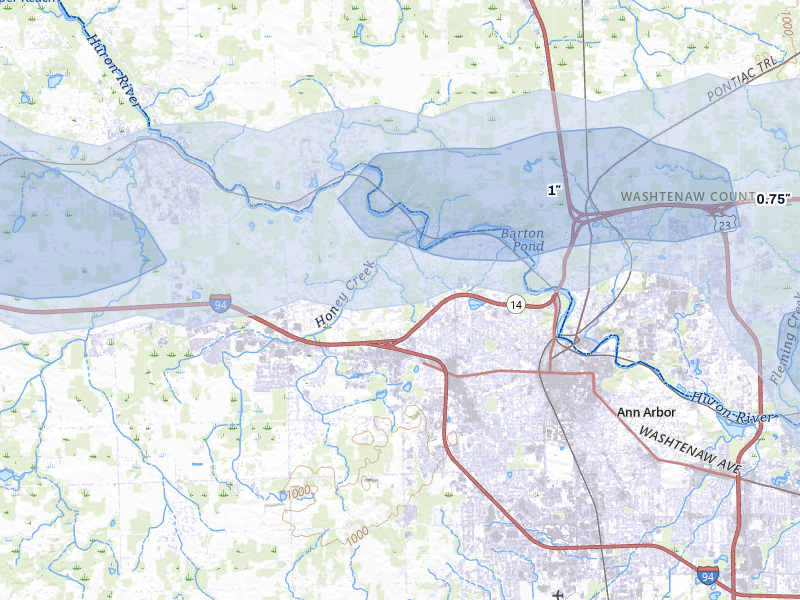 NEXRAD radar-signature map of the hail storm over Ann Arbor, MI on Jul 3, 2026