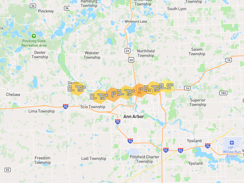 Hail map of Ann Arbor, MI on Jul 3, 2026, hail up to 1"