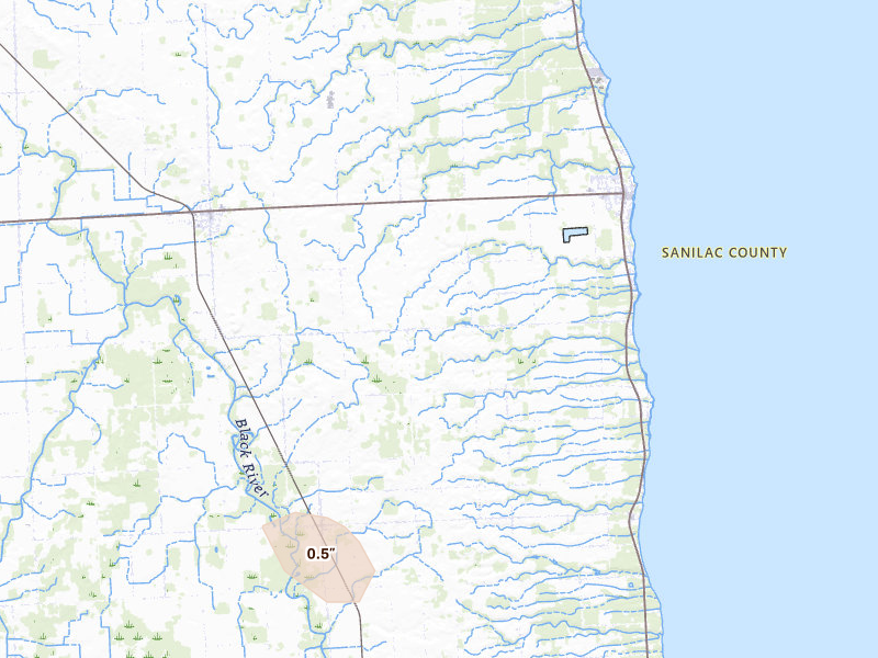 Radar-estimated hail-size map of the storm over Applegate, MI on Jun 16, 2026