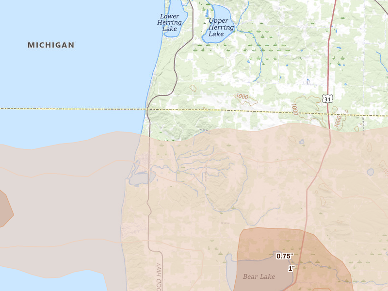 Radar-estimated hail-size map of the storm over Arcadia, MI on Mar 30, 2026