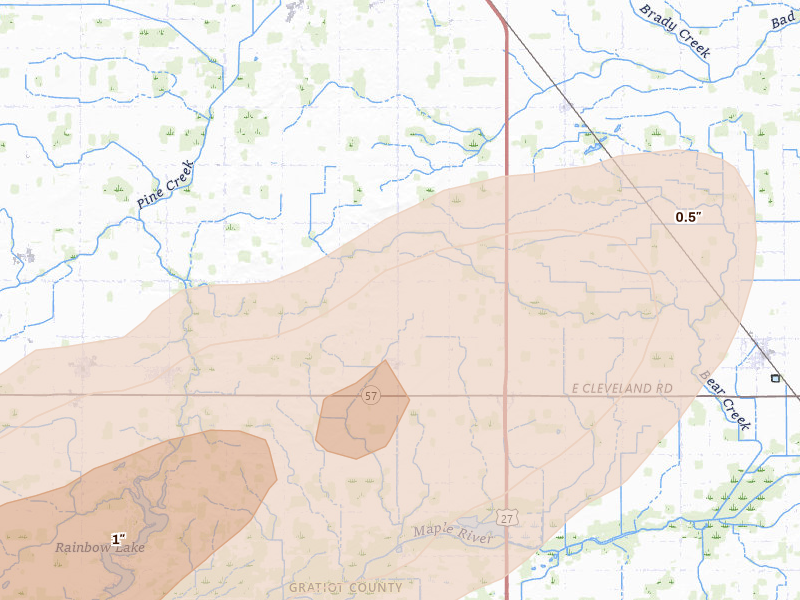 Radar-estimated hail-size map of the storm over Ashley, MI on Mar 10, 2026