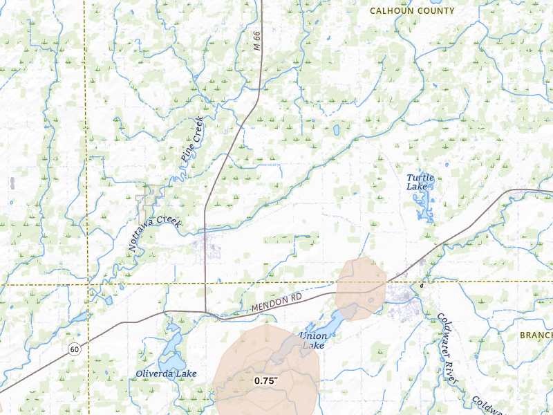 Radar-estimated hail-size map of the storm over Athens, MI on May 18, 2026
