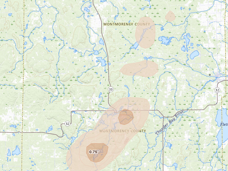 Radar-estimated hail-size map of the storm over Atlanta, MI on Jun 16, 2026