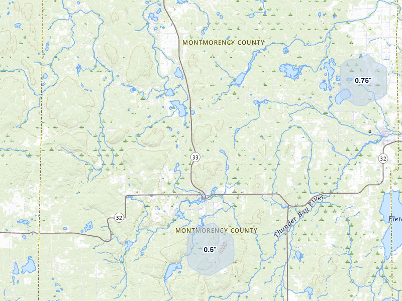 NEXRAD radar-signature map of the hail storm over Atlanta, MI on Jul 12, 2026