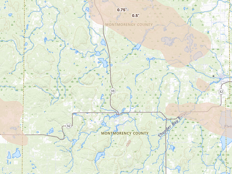 Radar-estimated hail-size map of the storm over Atlanta, MI on Jul 27, 2026