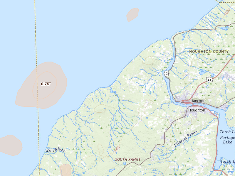 Radar-estimated hail-size map of the storm over Atlantic Mine, MI on Jun 29, 2026