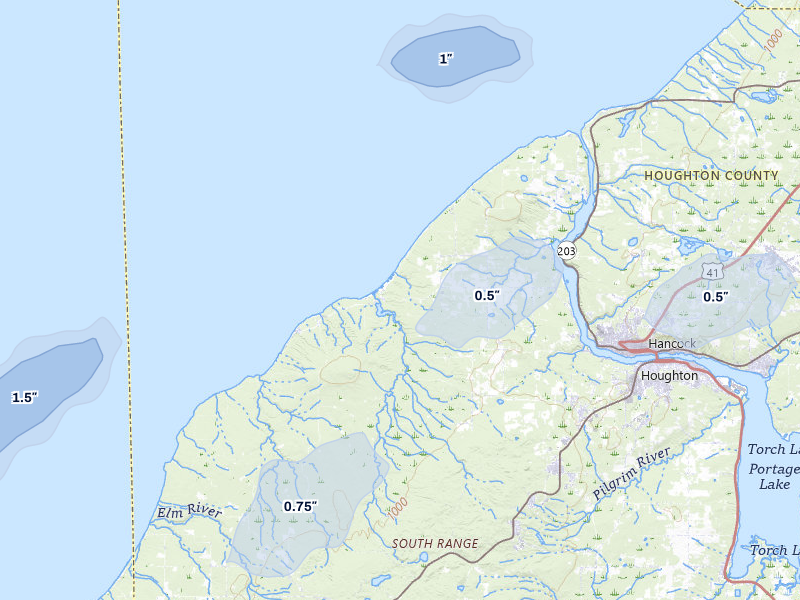 NEXRAD radar-signature map of the hail storm over Atlantic Mine, MI on Jun 29, 2026