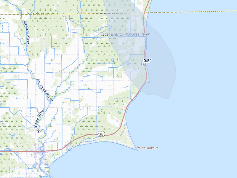 NEXRAD radar-signature map of the hail storm over Au Gres, MI on Jul 1, 2026