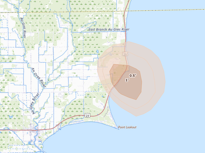 Radar-estimated hail-size map of the storm over Au Gres, MI on Jul 14, 2026