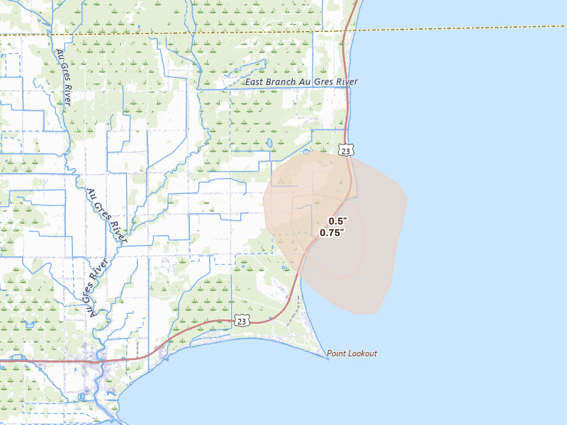 Radar-estimated hail-size map of the storm over Au Gres, MI on Jul 16, 2026
