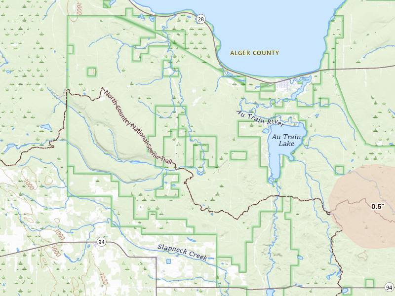 Radar-estimated hail-size map of the storm over Au Train, MI on May 25, 2026
