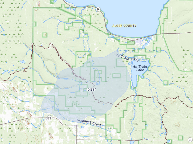NEXRAD radar-signature map of the hail storm over Au Train, MI on Jun 29, 2026