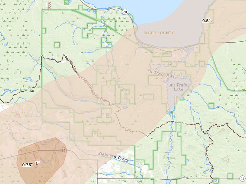 Radar-estimated hail-size map of the storm over Au Train, MI on Jun 30, 2026