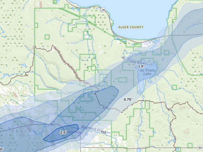 NEXRAD radar-signature map of the hail storm over Au Train, MI on Jun 30, 2026