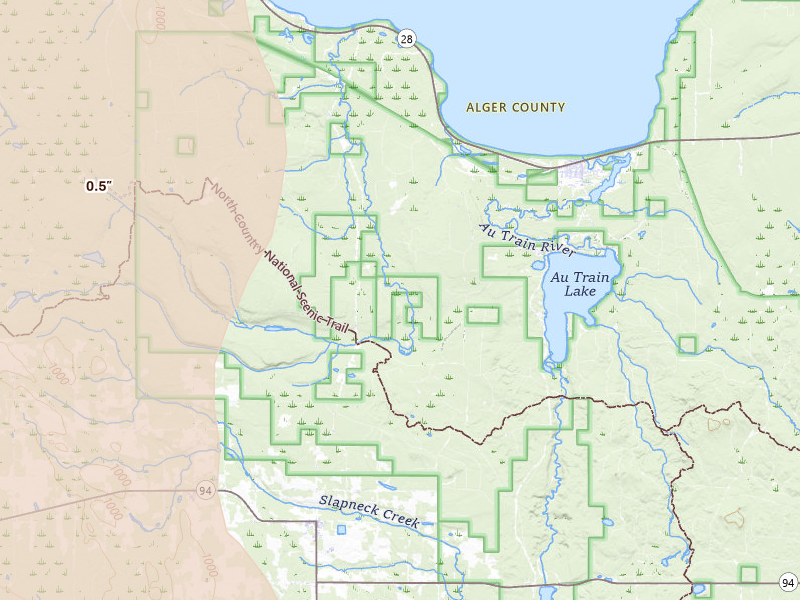 Radar-estimated hail-size map of the storm over Au Train, MI on Jul 12, 2026