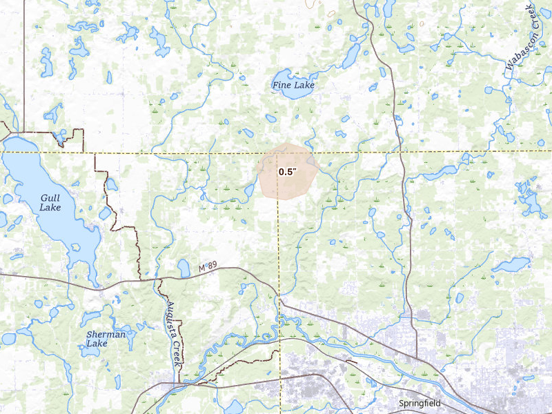 Radar-estimated hail-size map of the storm over Augusta, MI on May 18, 2026