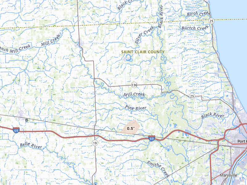 Radar-estimated hail-size map of the storm over Avoca, MI on Jul 21, 2026