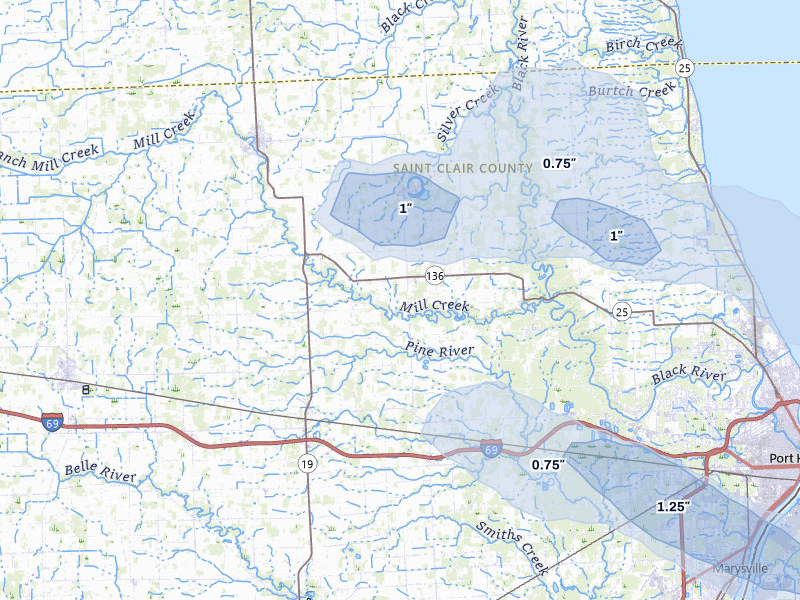 NEXRAD radar-signature map of the hail over Avoca, MI