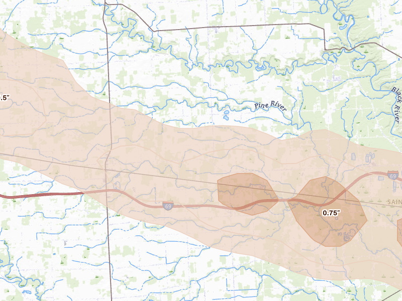 Radar-estimated hail-size map of the storm over Avoca, MI on Sep 2, 2026