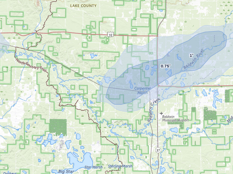 NEXRAD radar-signature map of the hail storm over Baldwin, MI on Mar 6, 2026