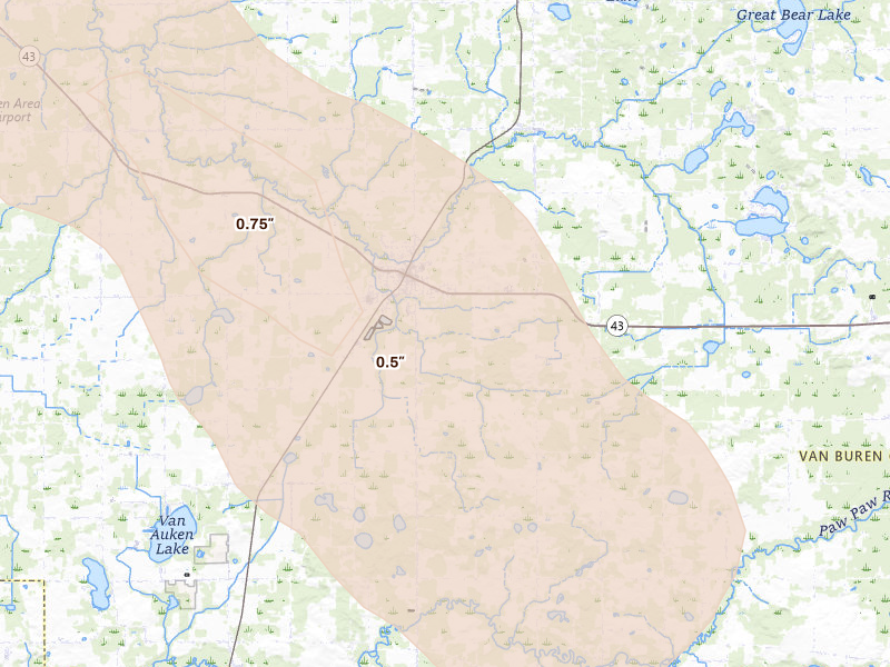 Radar-estimated hail-size map of the storm over Bangor, MI on Jul 27, 2026