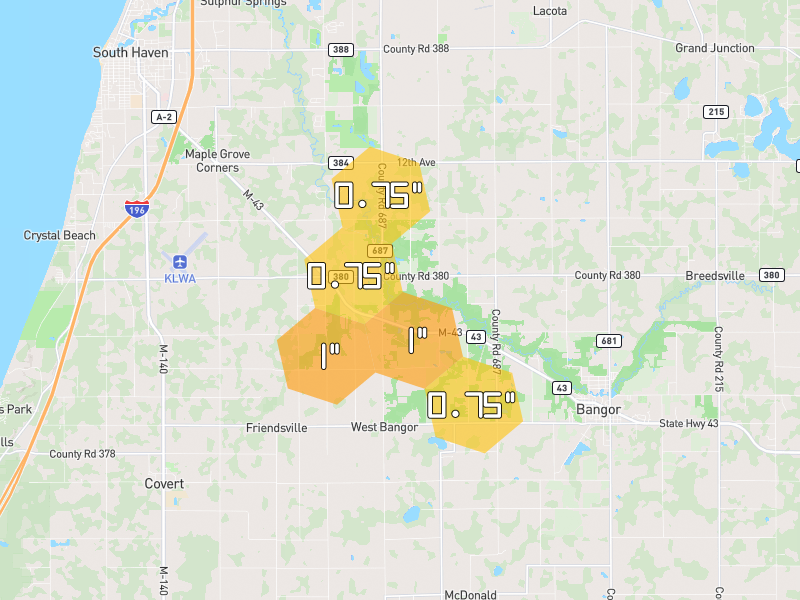 Hail map of Bangor, MI on Jul 28, 2026, hail up to 1"