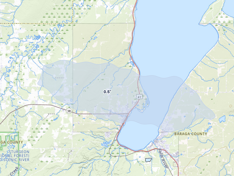 NEXRAD radar-signature map of the hail storm over Baraga, MI on Jun 29, 2026