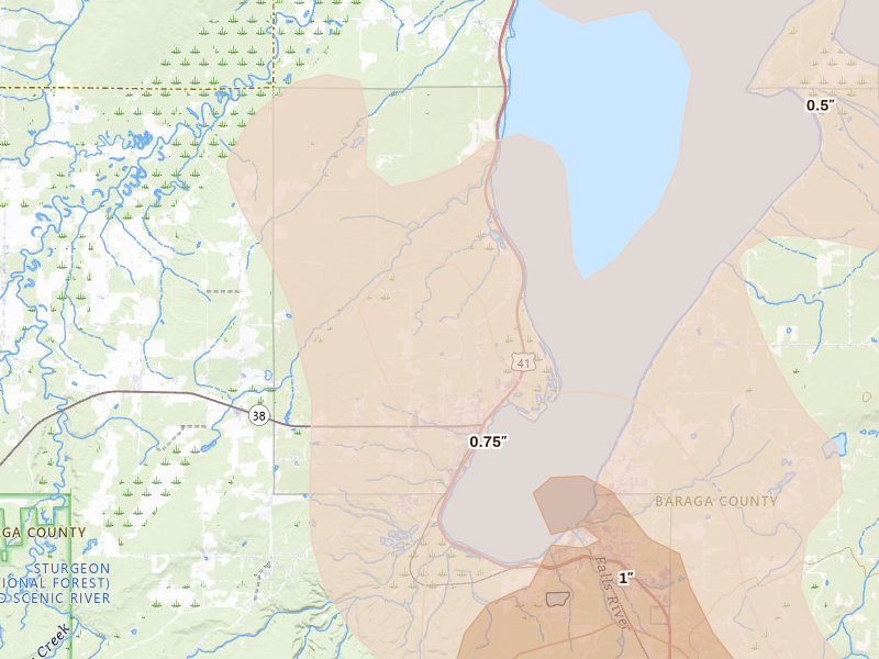 Radar-estimated hail-size map of the storm over Baraga, MI on Jul 12, 2026