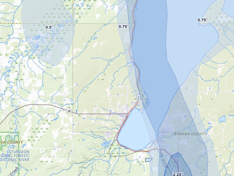 NEXRAD radar-signature map of the hail storm over Baraga, MI on Jul 12, 2026