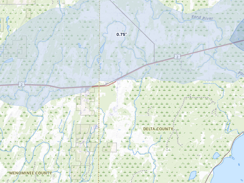 NEXRAD radar-signature map of the hail over Bark River, MI