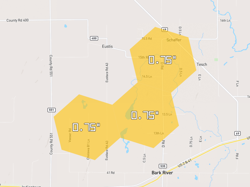 Hail map of Bark River, MI on Jun 29, 2026, hail up to 0.75"