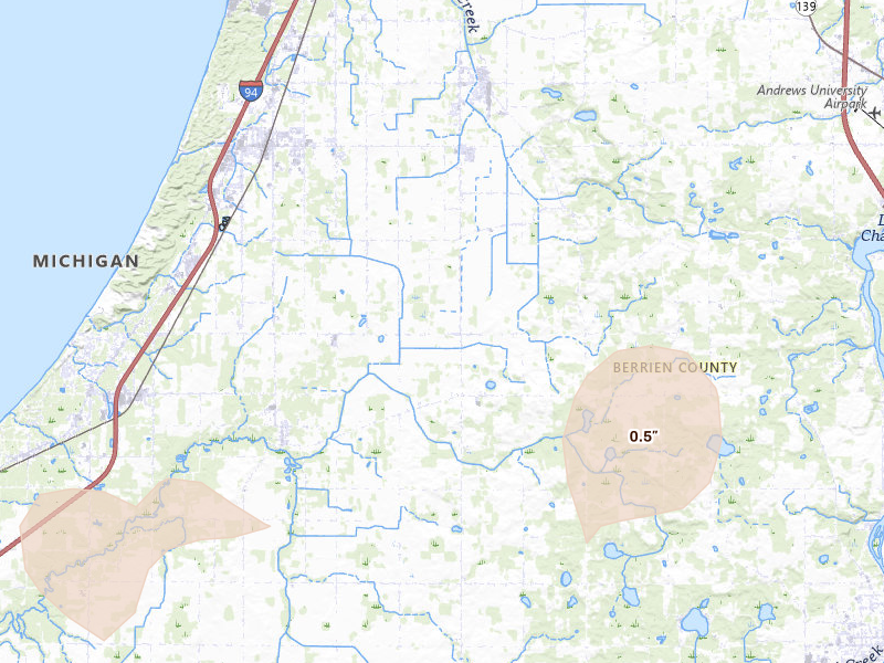 Radar-estimated hail-size map of the storm over Baroda, MI on Jul 3, 2026