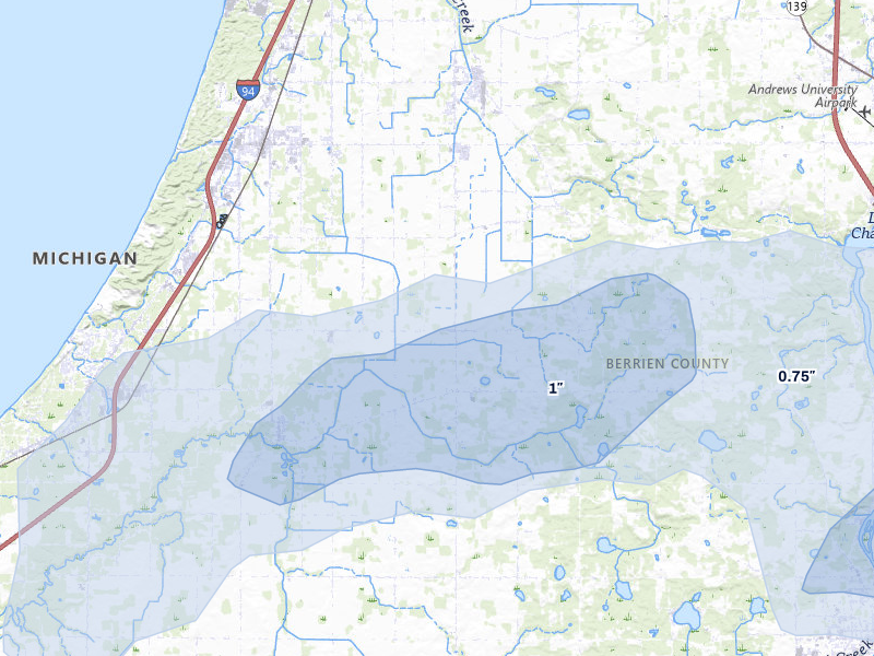 NEXRAD radar-signature map of the hail storm over Baroda, MI on Jul 3, 2026