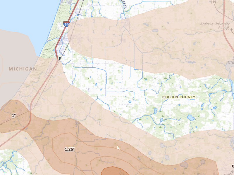 Radar-estimated hail-size map of the storm over Baroda, MI on Aug 10, 2026