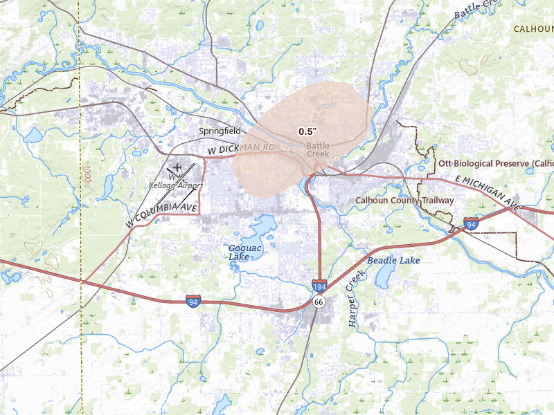 Radar-estimated hail-size map of the storm over Battle Creek, MI on Aug 21, 2026