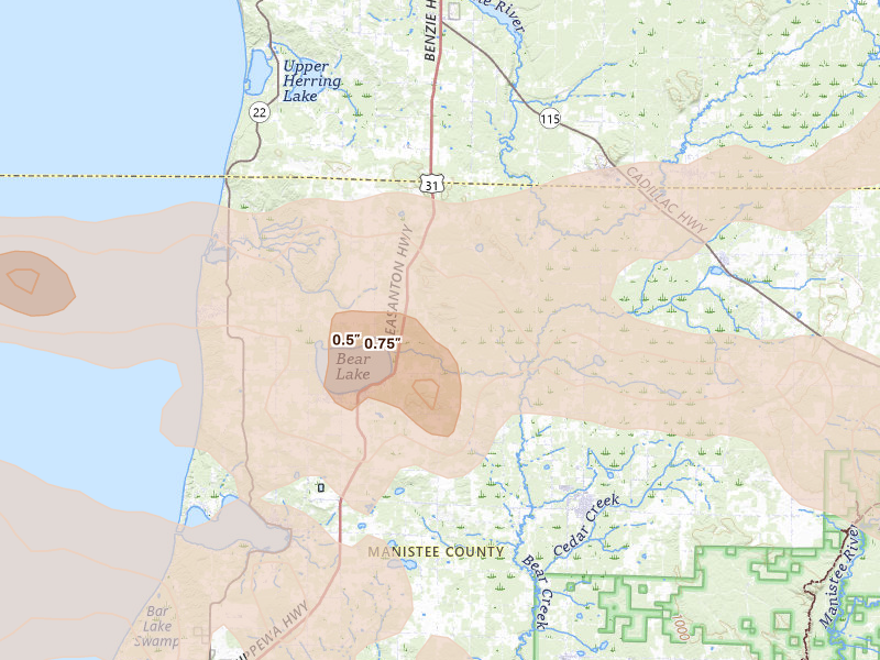 Radar-estimated hail-size map of the storm over Bear Lake, MI on Mar 30, 2026