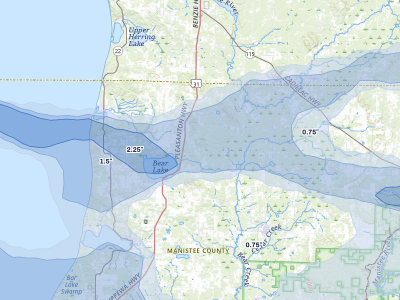 NEXRAD radar-signature map of the hail storm over Bear Lake, MI on Mar 30, 2026