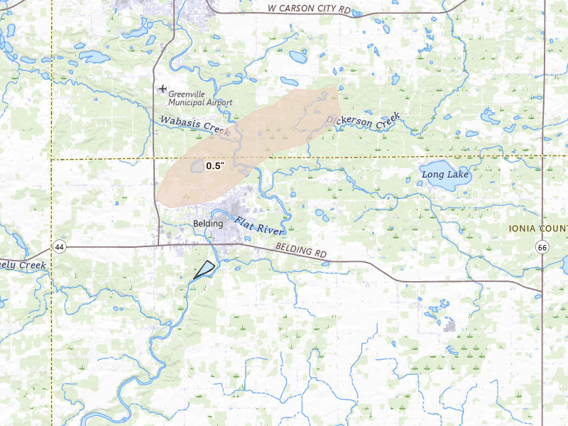Radar-estimated hail-size map of the storm over Belding, MI on Mar 10, 2026