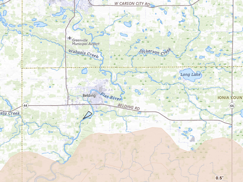Radar-estimated hail-size map of the storm over Belding, MI on May 15, 2026