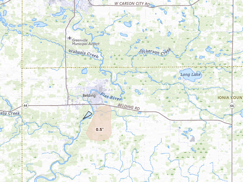 Radar-estimated hail-size map of the storm over Belding, MI on Jun 10, 2026