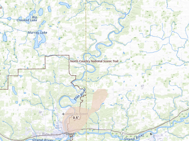 Radar-estimated hail-size map of the storm over Belding, MI on Jul 17, 2026