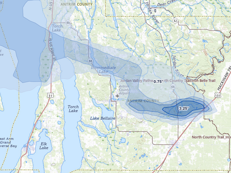 NEXRAD radar-signature map of the hail storm over Bellaire, MI on Jun 29, 2026