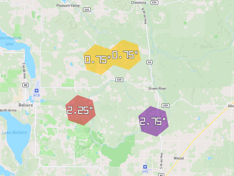 Hail map of Bellaire, MI on Jun 29, 2026, hail up to 2.75"