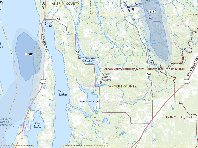 NEXRAD radar-signature map of the hail storm over Bellaire, MI on Jul 12, 2026