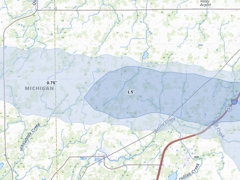 NEXRAD radar-signature map of the hail storm over Bellevue, MI on Mar 30, 2026