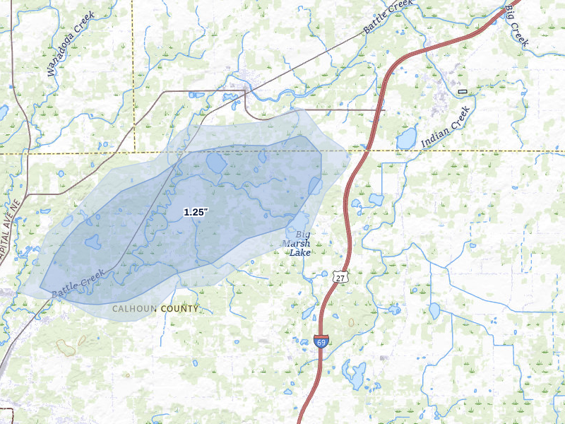 NEXRAD radar-signature map of the hail over Bellevue, MI