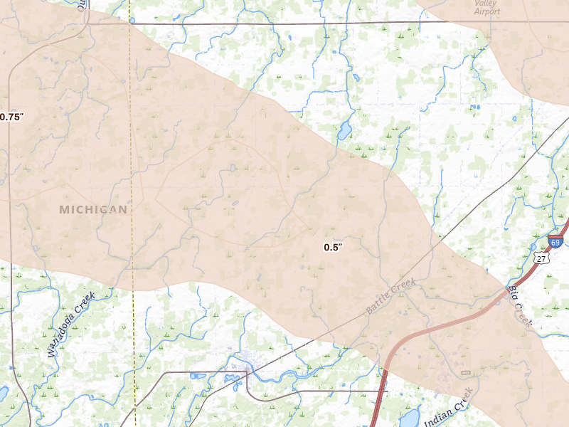 Radar-estimated hail-size map of the storm over Bellevue, MI on Sep 3, 2026
