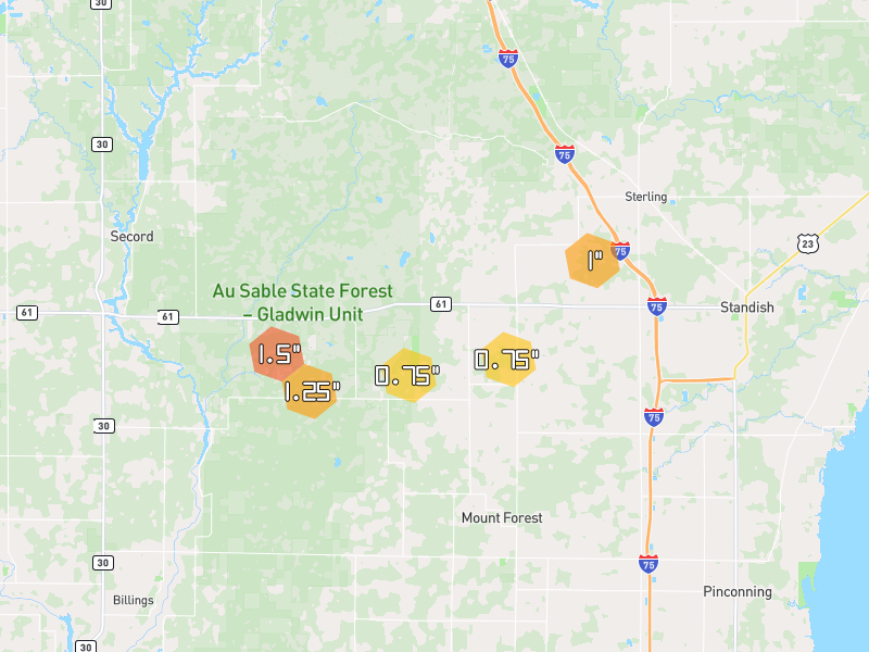 Hail map of Bentley, MI on Jul 1, 2026, hail up to 1.5"