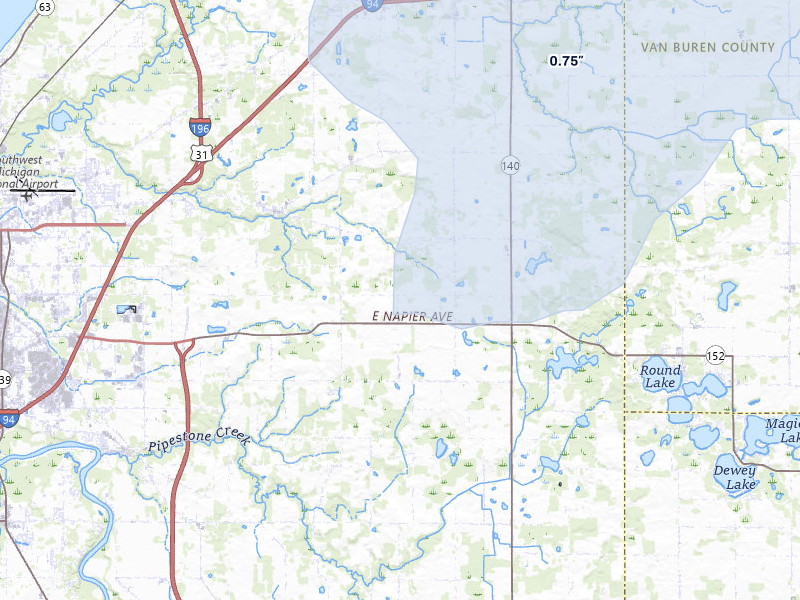 NEXRAD radar-signature map of the hail storm over Benton Harbor, MI on May 18, 2026