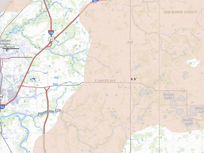 Radar-estimated hail-size map of the storm over Benton Harbor, MI on Aug 9, 2026